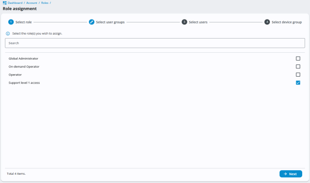 Role assignment wizard, showing step 1: Select role. A search bar is available to filter roles. Four roles are listed with checkboxes: Global Administrator, On-Demand Operator, Operator and Support level 1 access. The checkbox for Support level 1 access is selected. Navigation buttons for Next and Back appear at the bottom right. Steps 2 (Select users) and 3 (Select device group) are grayed out.